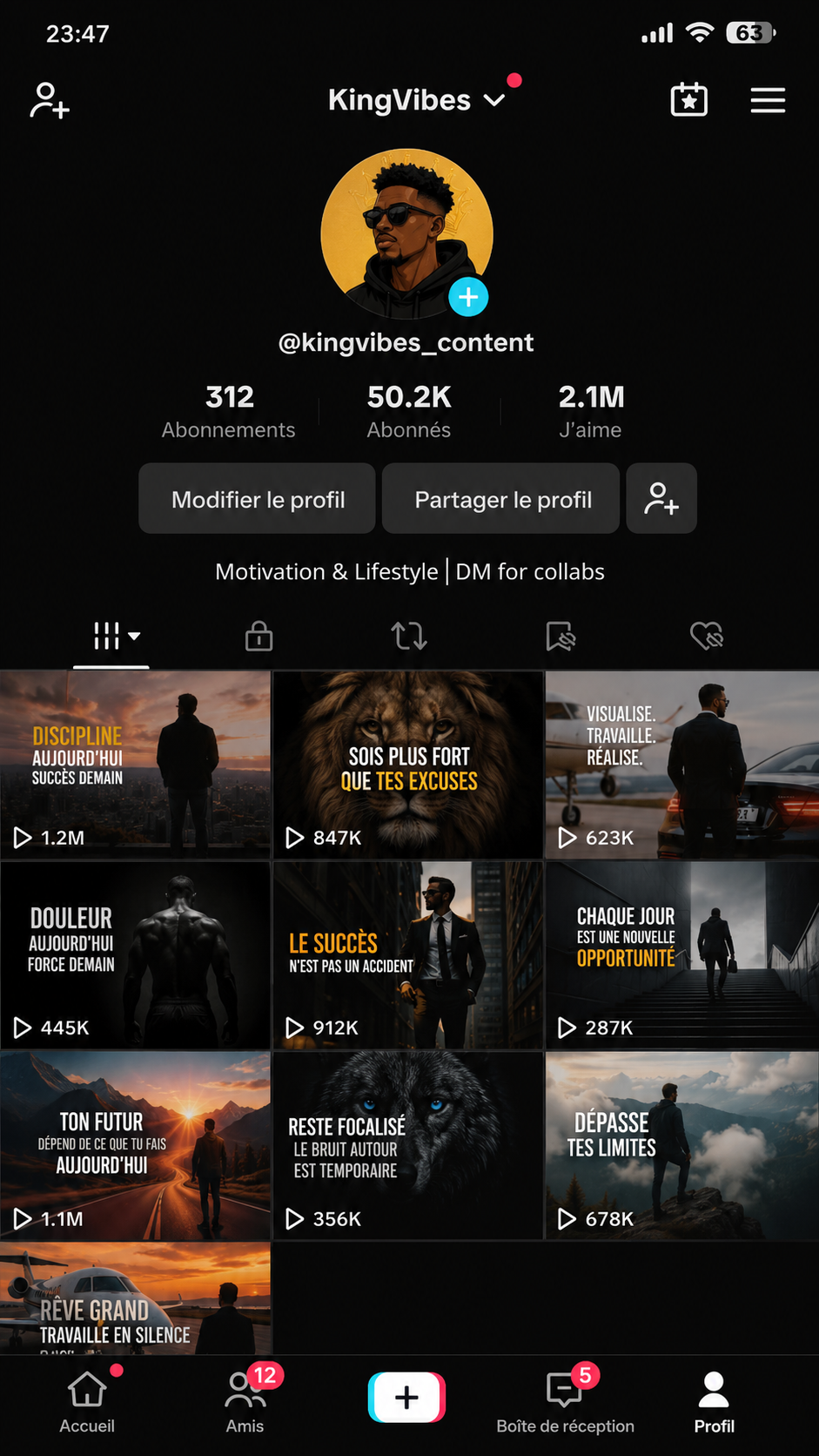 Profil TikTok avec 50K abonnés et vidéos virales
